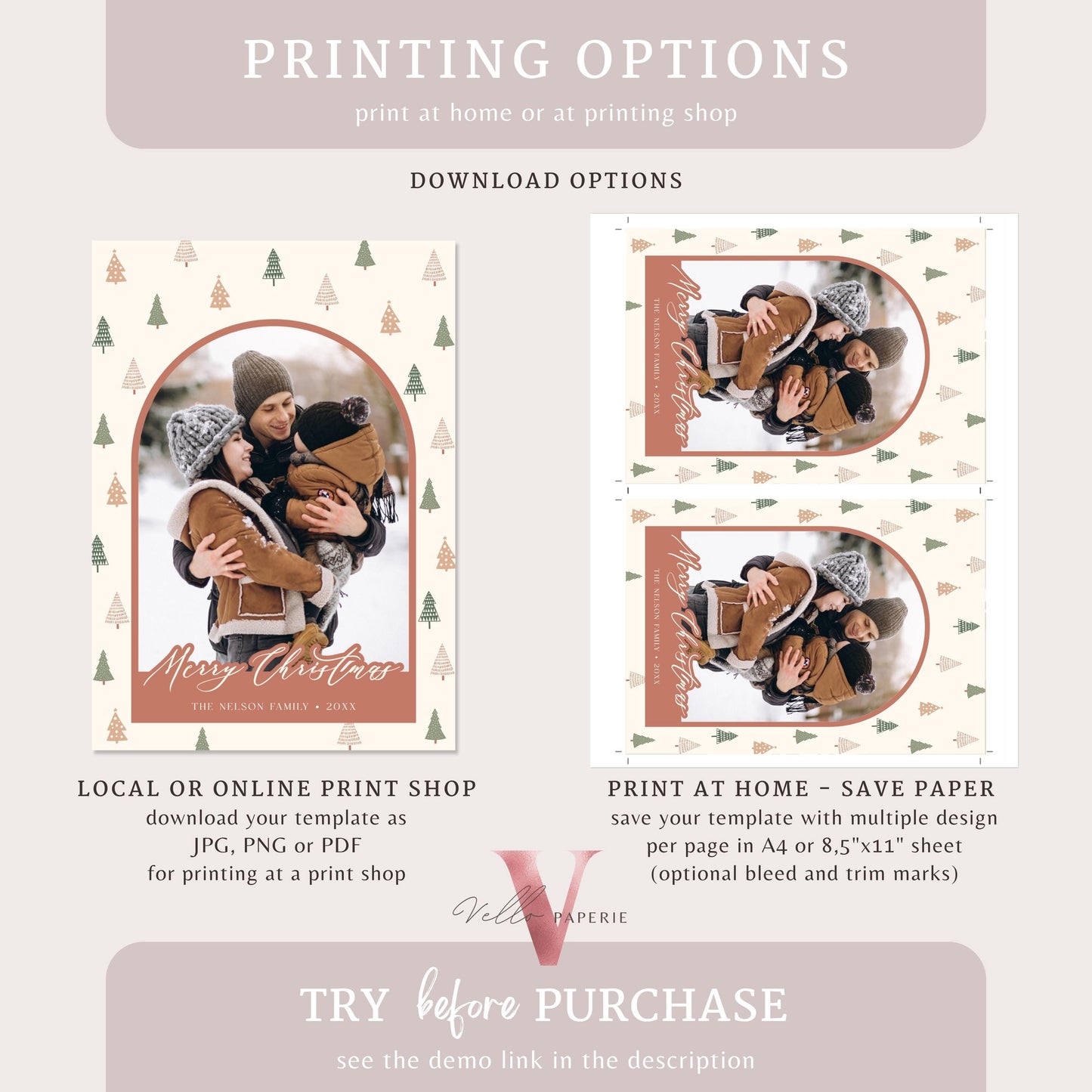Printable Boho Photo Christmas 3 Card Template | Modern Bohemian Winter Photo Holiday Card | Arch Photo Frame Christmas Tree Greeting PCC12