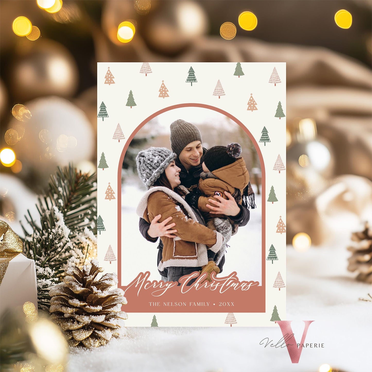 Printable Boho Photo Christmas 3 Card Template | Modern Bohemian Winter Photo Holiday Card | Arch Photo Frame Christmas Tree Greeting PCC12