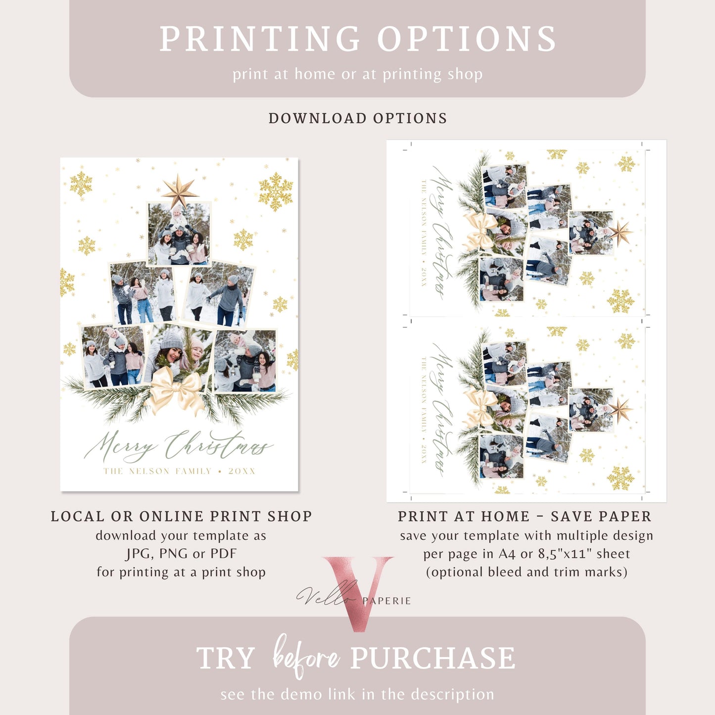 Printable 3 Designs Modern Christmas Tree Photo Collage | Botanical Photo Christmas Card Template | Winter Floral Photo Holiday Card  PCC12