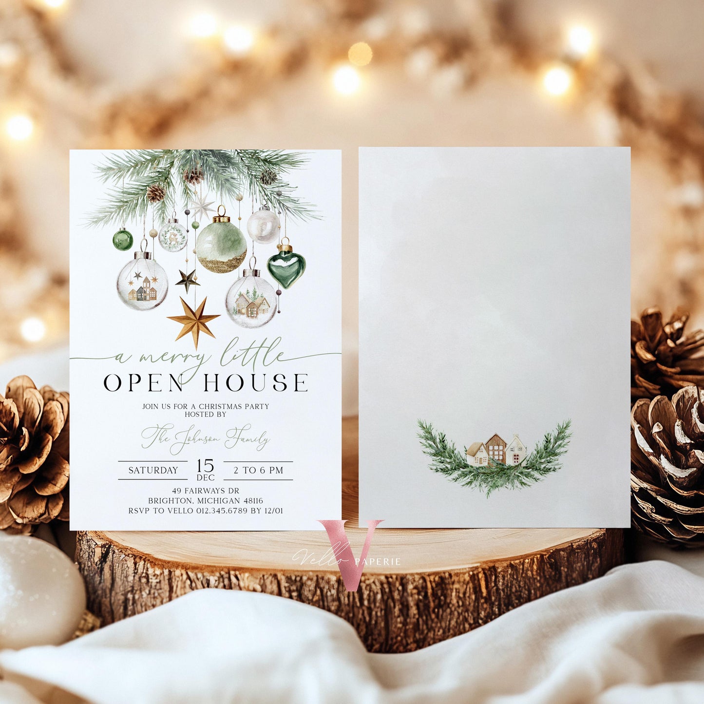Merry Little Open House Invitation | Neutral Christmas Party Invite | Boho Silver Green Friendsmas Party Invite Christmas Decor CHP01