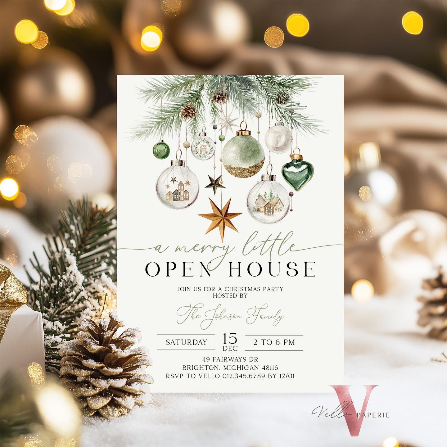 Merry Little Open House Invitation | Neutral Christmas Party Invite | Boho Silver Green Friendsmas Party Invite Christmas Decor CHP01
