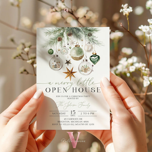Merry Little Open House Invitation | Neutral Christmas Party Invite | Boho Silver Green Friendsmas Party Invite Christmas Decor CHP01