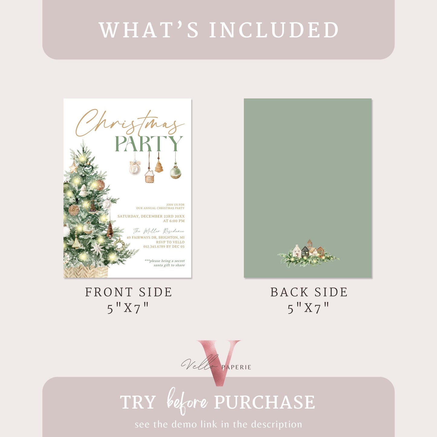 Editable Neutral Christmas Party Invite | Modern Boho Gold Green Friendsmas Party Invite | Christmas Open House, Christmas Tree CHP01