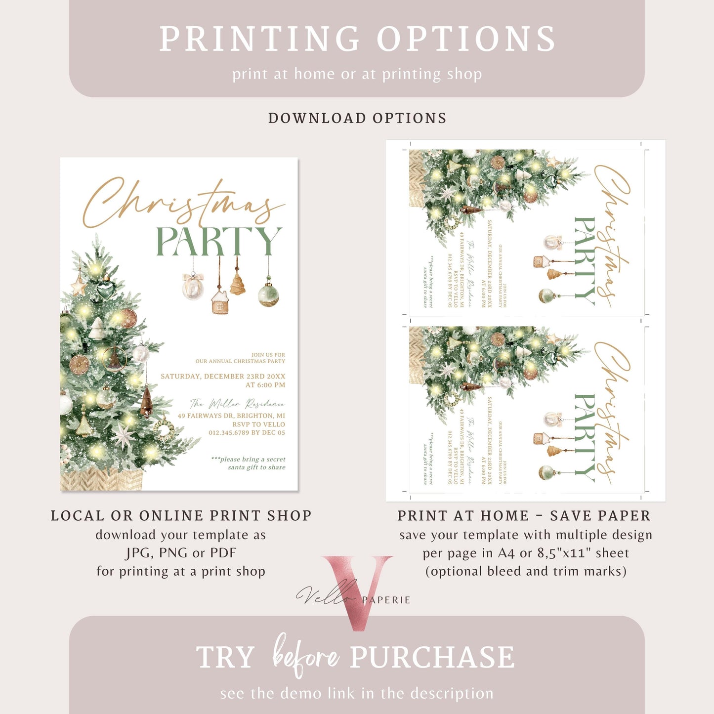 Editable Neutral Christmas Party Invite | Modern Boho Gold Green Friendsmas Party Invite | Christmas Open House, Christmas Tree CHP01