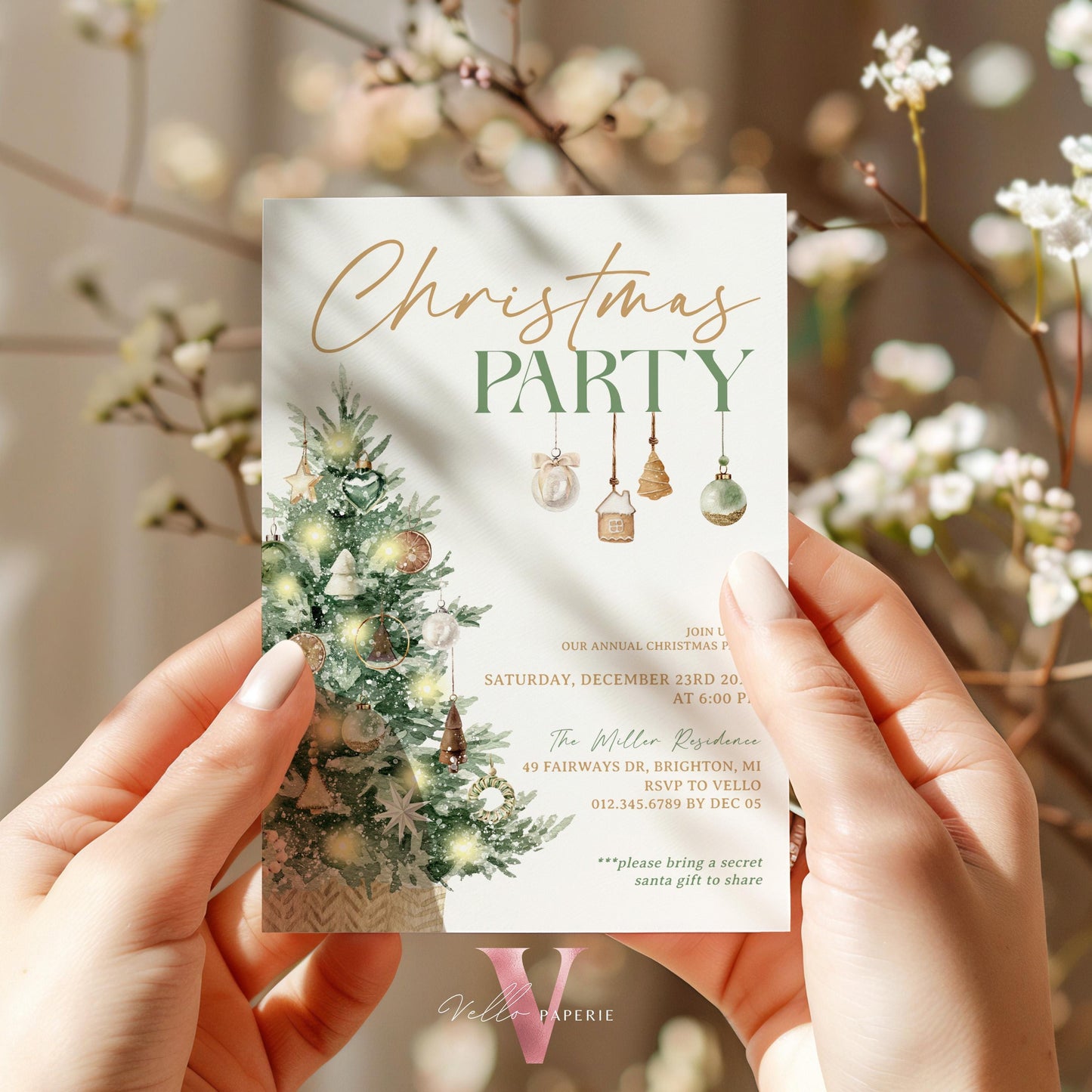 Editable Neutral Christmas Party Invite | Modern Boho Gold Green Friendsmas Party Invite | Christmas Open House, Christmas Tree CHP01
