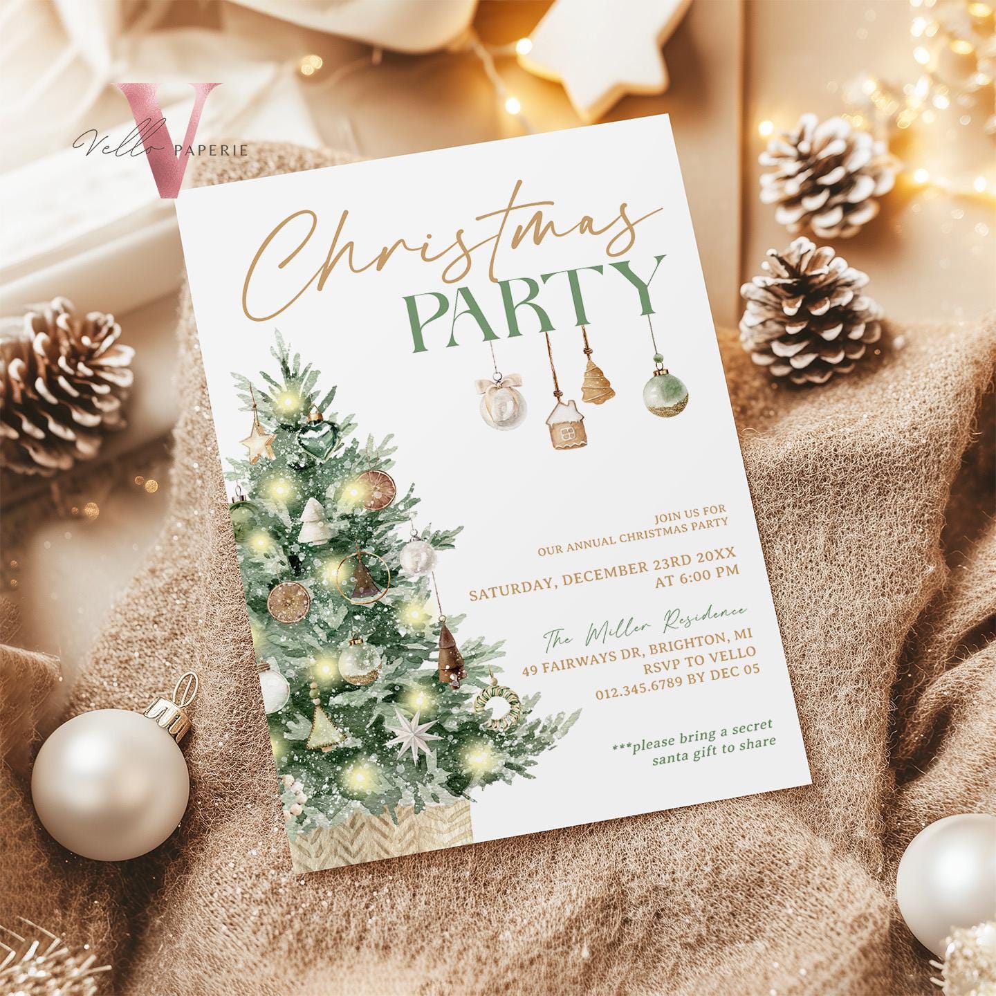 Editable Neutral Christmas Party Invite | Modern Boho Gold Green Friendsmas Party Invite | Christmas Open House, Christmas Tree CHP01