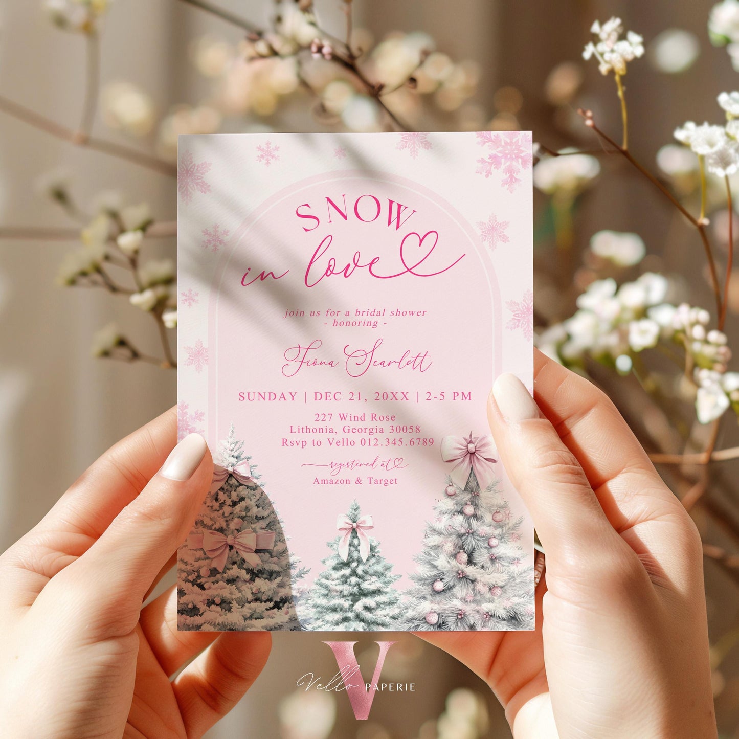 Coquette Pink SNOW in LOVE Bridal Shower Invitation | Winter Snowflakes Pink Christmas Tree Bride to Be, Couple Shower, Wedding Shower WBD01