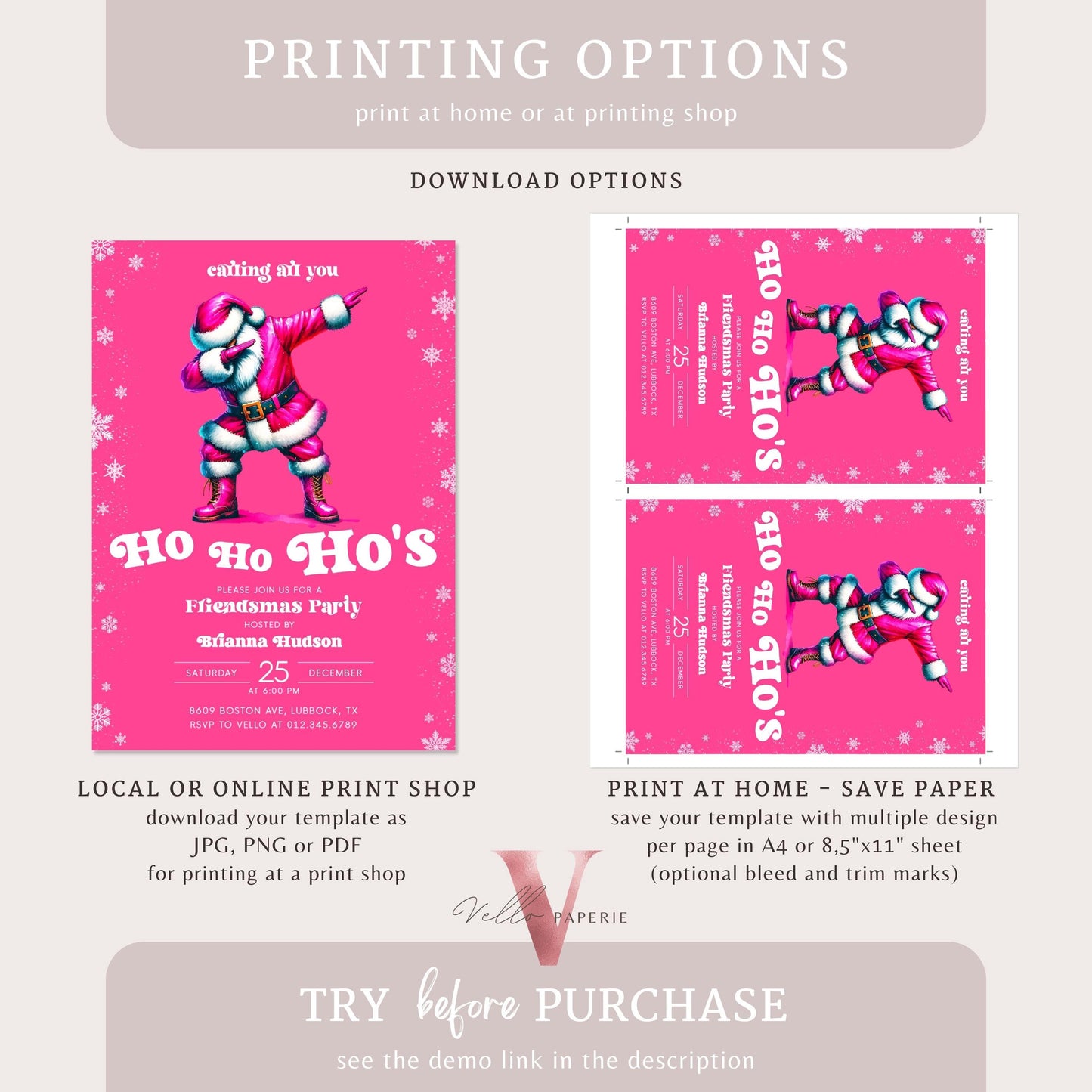 Free EVITE Funny Santa Christmas Party Invitation | Calling All You Ho Ho Ho Pink Santa Invite | Fun Winter Holiday Friendsmas Party CHP01