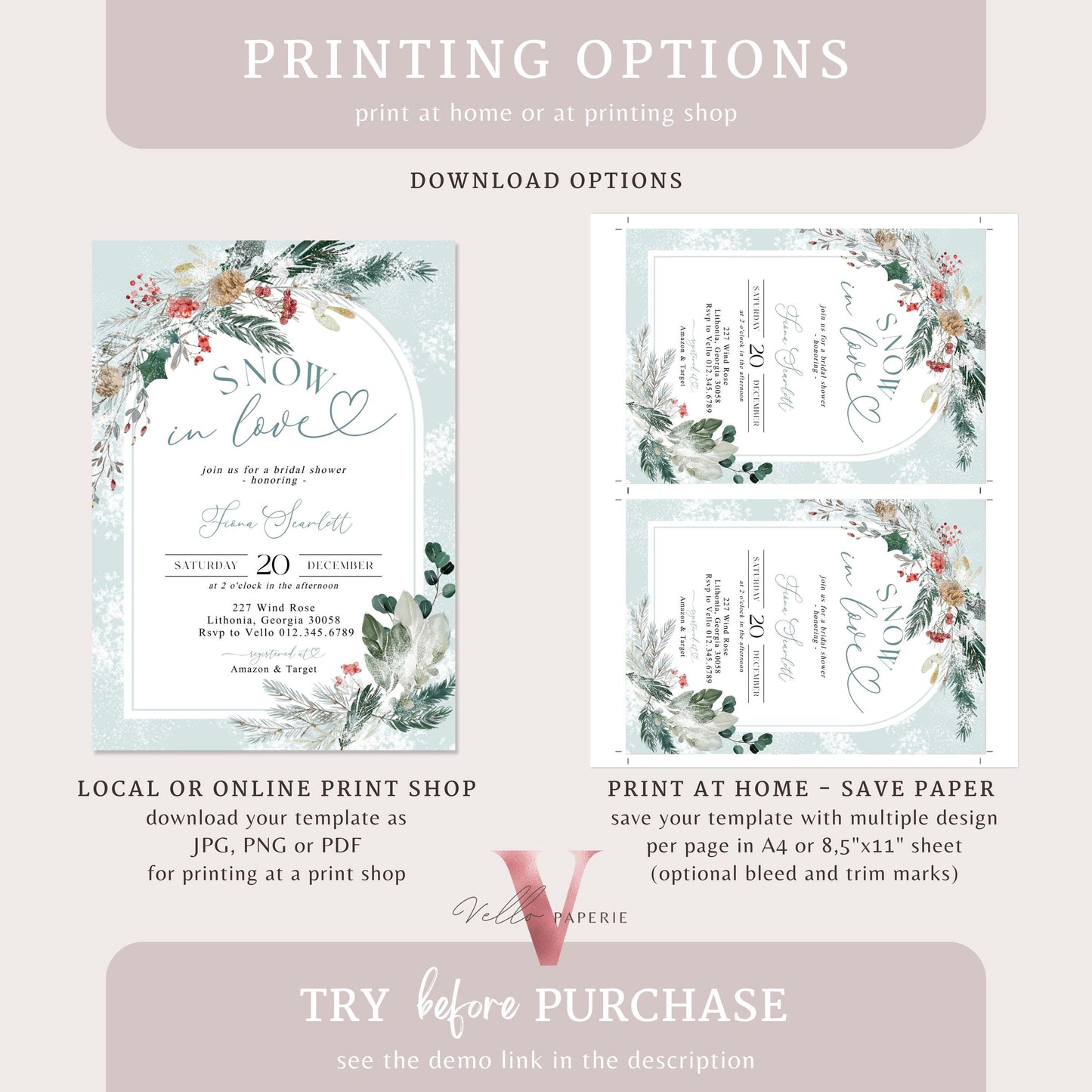Editable Neutral SNOW in LOVE Bridal Shower Invitation | Winter Snowflakes Christmas Floral Bride to Be, Couple Shower, Wedding Shower WBD01