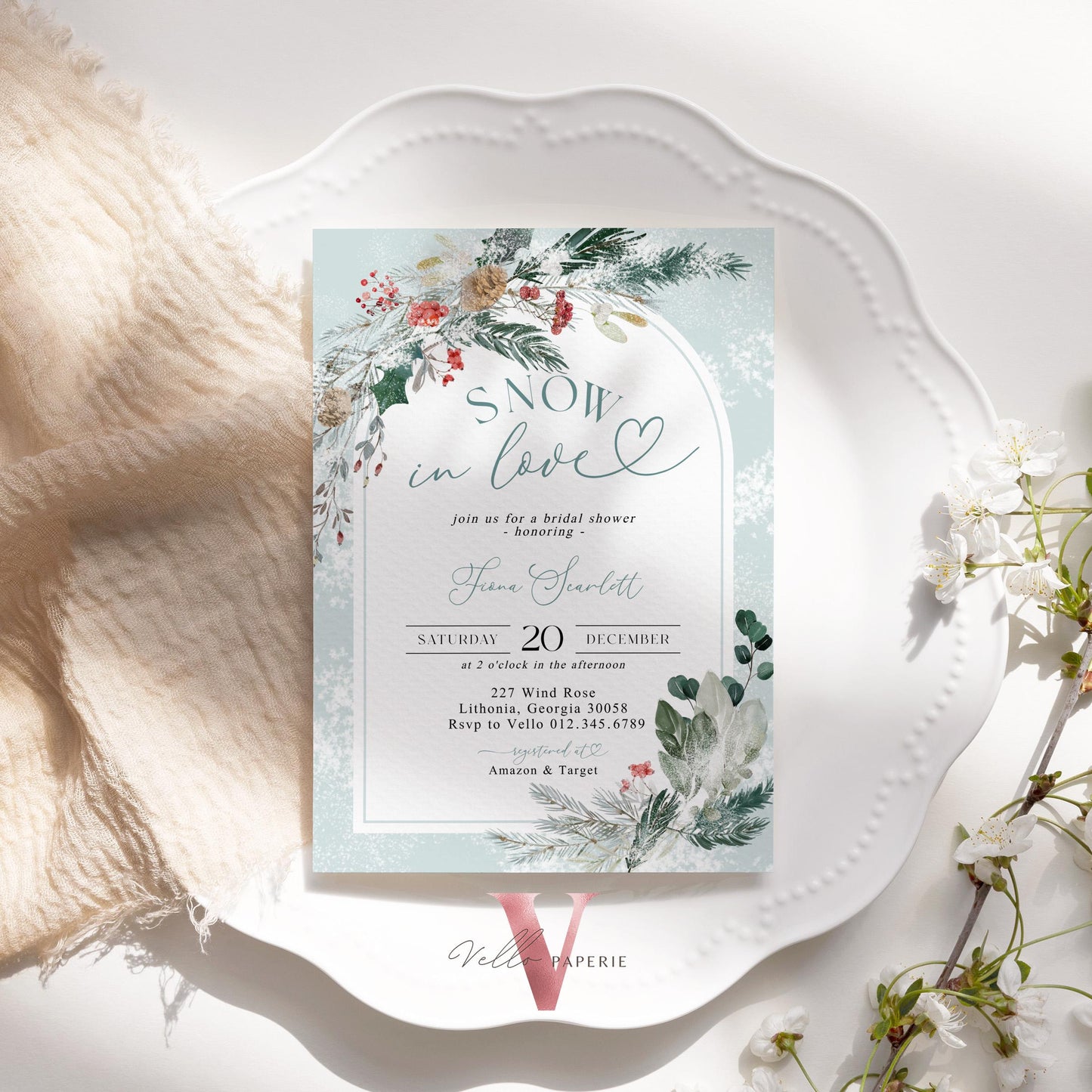 Editable Neutral SNOW in LOVE Bridal Shower Invitation | Winter Snowflakes Christmas Floral Bride to Be, Couple Shower, Wedding Shower WBD01