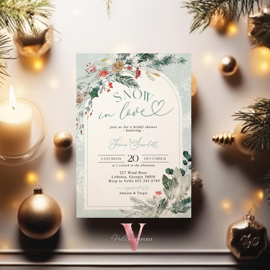 Editable Neutral SNOW in LOVE Bridal Shower Invitation | Winter Snowflakes Christmas Floral Bride to Be, Couple Shower, Wedding Shower WBD01