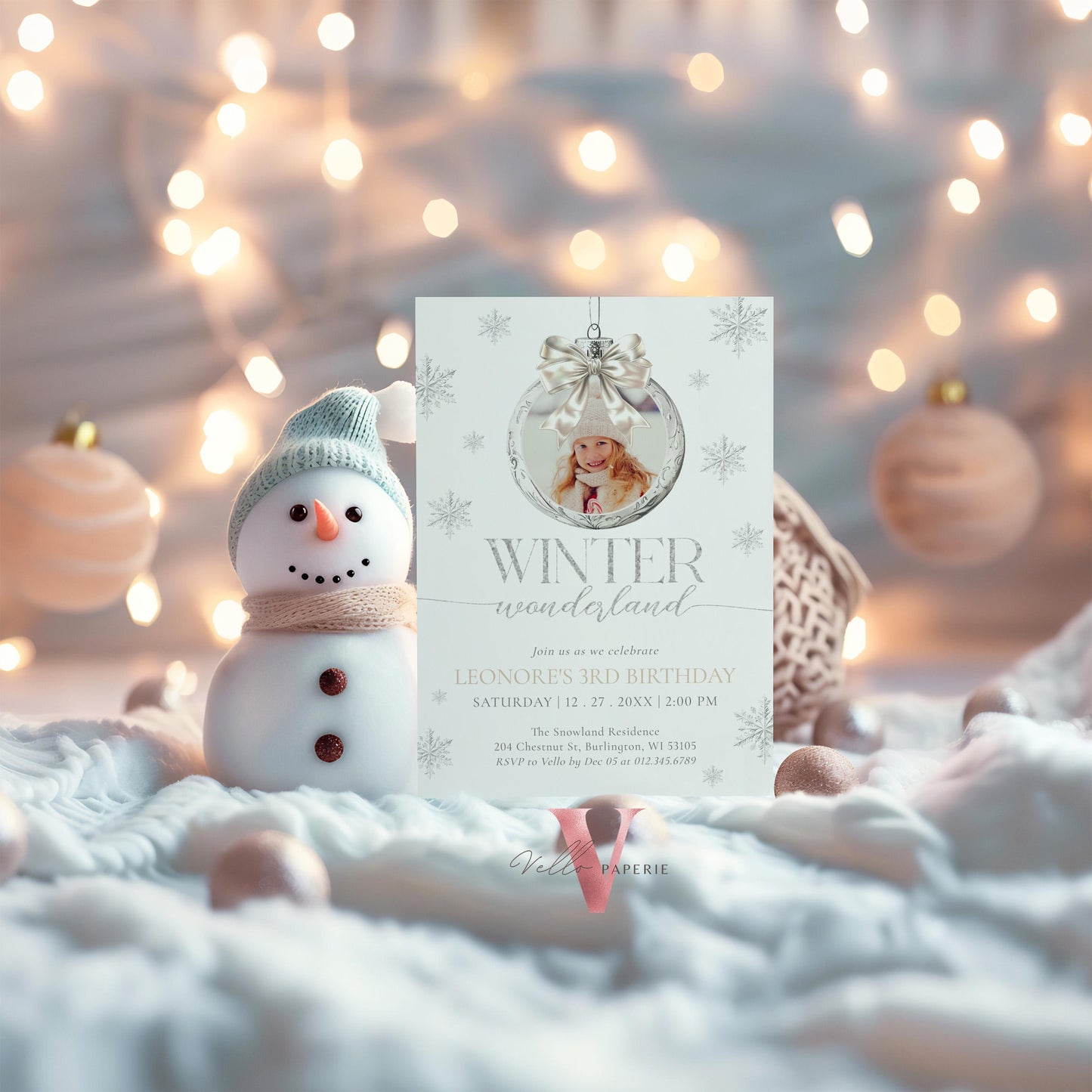 Editable Photo Coquette WINTER Wonderland Invitation | ANY AGE Silver Winter Wonderland Invite | Snowflake Birthday Party Bow Christmas Ball