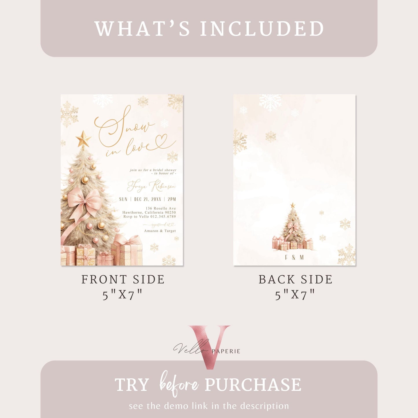 Coquette Blush Pink SNOW in LOVE Bridal Shower Invitation | Winter Snowflakes Gold Christmas Tree Bride to Be, Couple Wedding Shower WBD01
