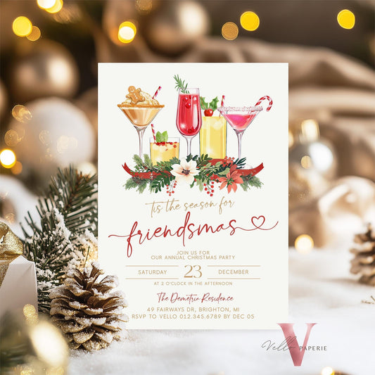 Editable Tis the season for Friendsmas Invitation | Holiday Cocktail Party | Neutral Winter Christmas Party Invite, Red Gold Green CHP01