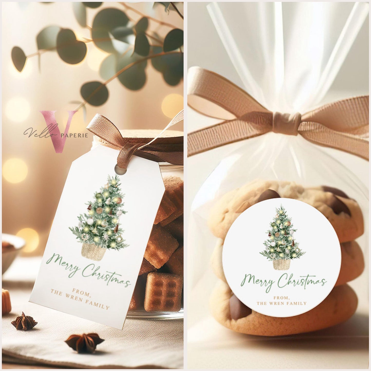 Editable Neutral Christmas Party Invite | Modern Boho Gold Green Friendsmas Party Invite | Christmas Open House, Christmas Tree CHP01