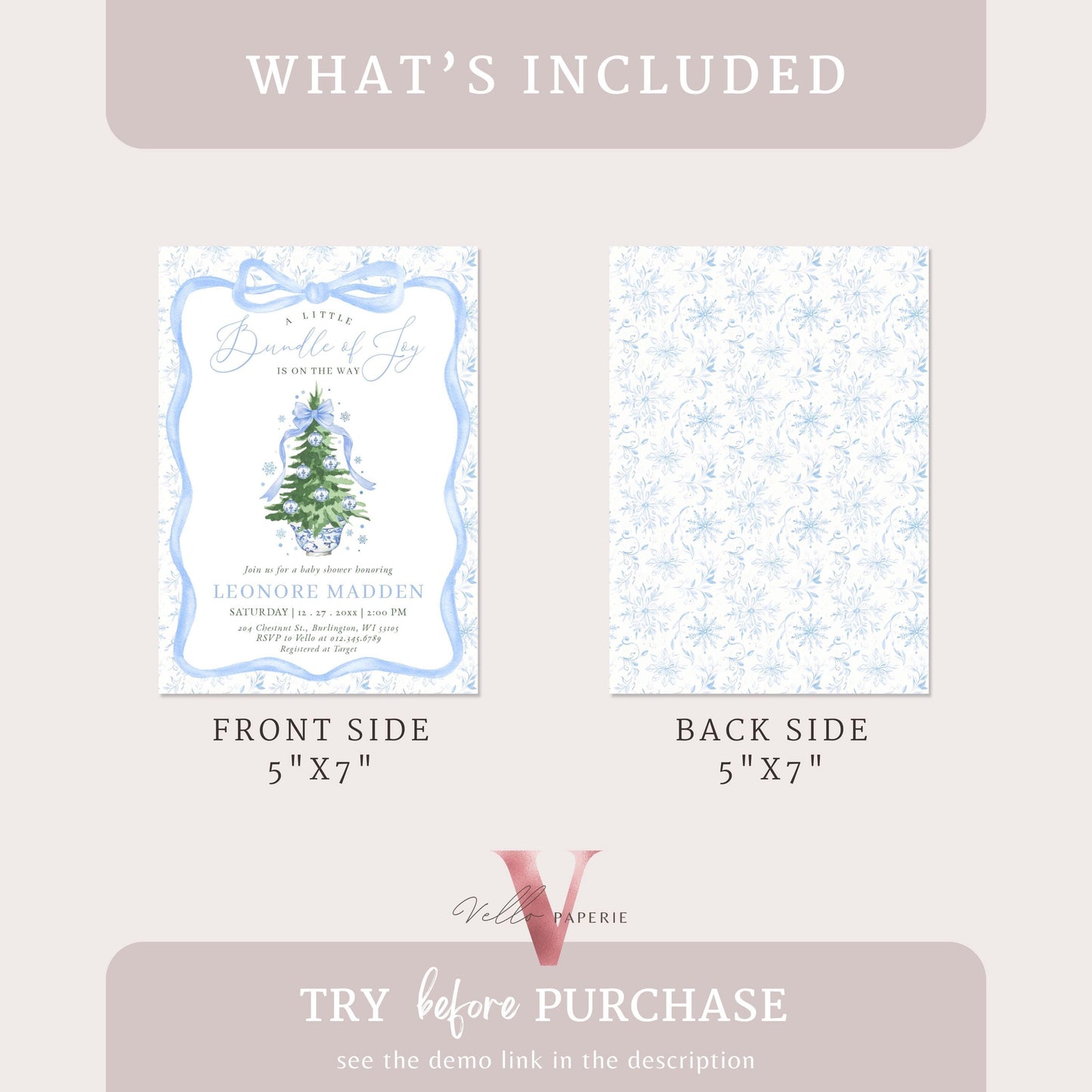 Editable Little Bundle of Joy Christmas Baby Shower Invitation | Blue Christmas Tree Shower Invite | Winter Chinoiserie Christmas Baby WBS01