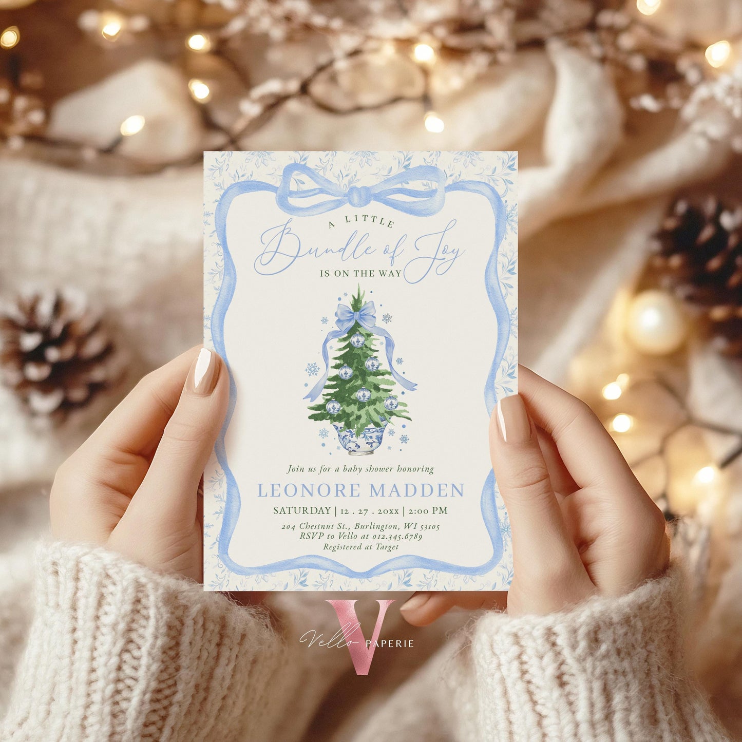 Editable Little Bundle of Joy Christmas Baby Shower Invitation | Blue Christmas Tree Shower Invite | Winter Chinoiserie Christmas Baby WBS01