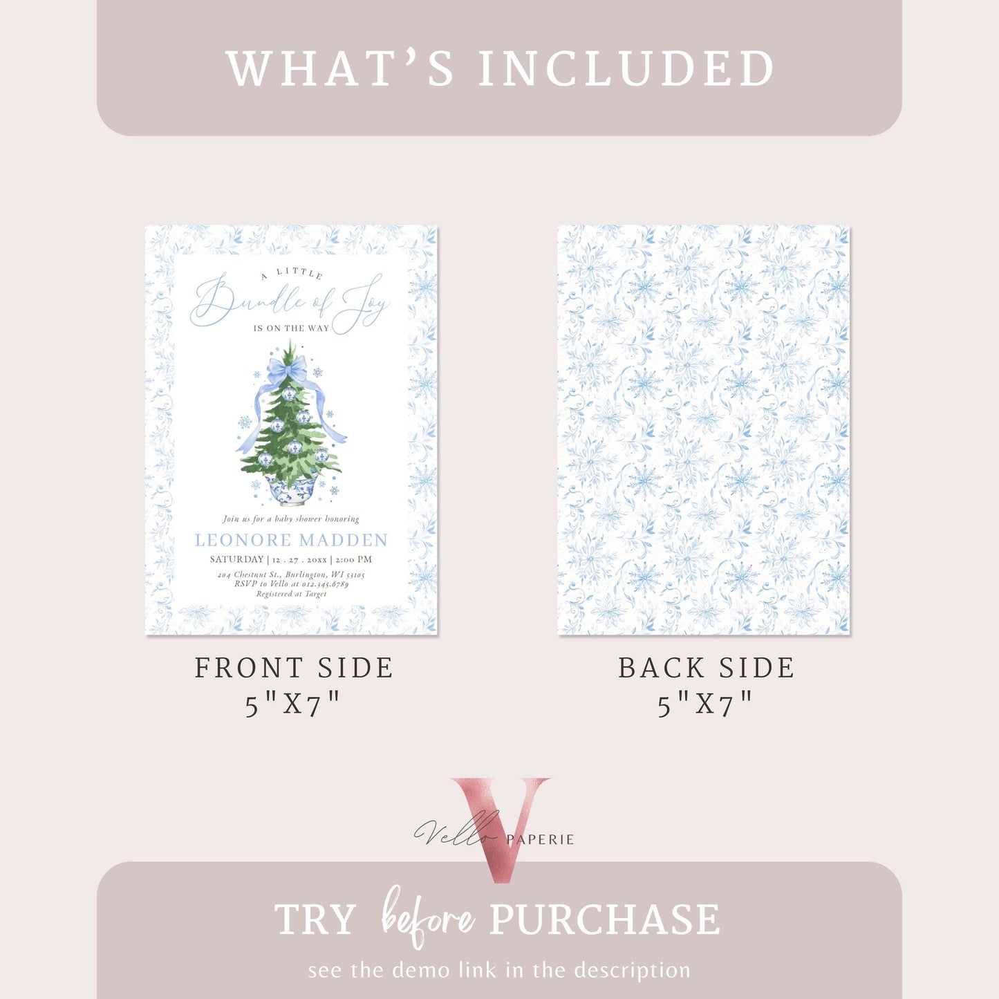 Editable Little Bundle of Joy Christmas Baby Shower Invitation | Winter Chinoiserie Christmas Baby | Blue Christmas Tree Shower Invite WBS01