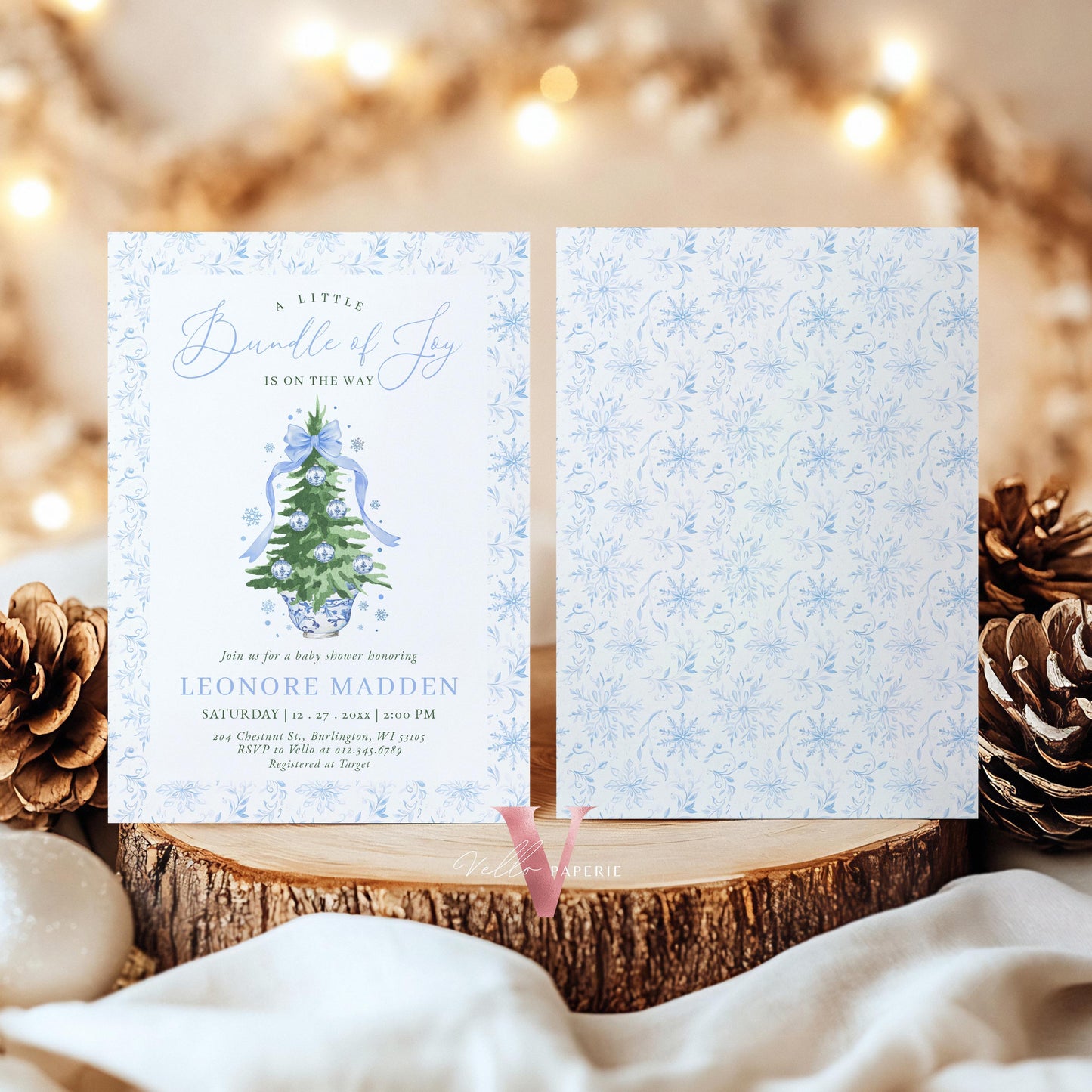 Editable Little Bundle of Joy Christmas Baby Shower Invitation | Winter Chinoiserie Christmas Baby | Blue Christmas Tree Shower Invite WBS01