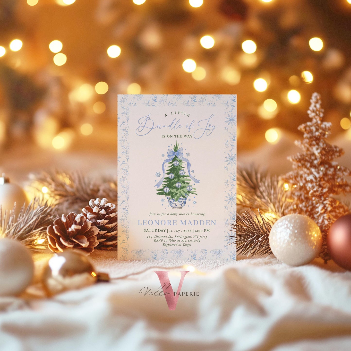 Editable Little Bundle of Joy Christmas Baby Shower Invitation | Winter Chinoiserie Christmas Baby | Blue Christmas Tree Shower Invite WBS01