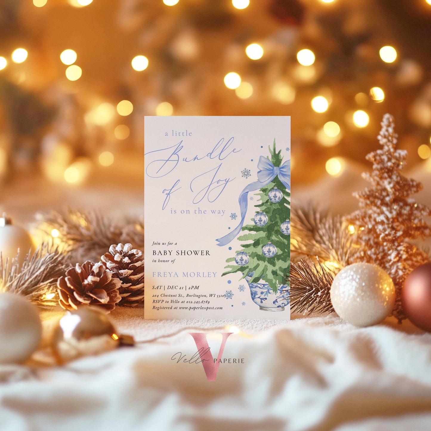 Editable Little Bundle of Joy Christmas Baby Shower Invitation | Winter Chinoiserie Christmas Baby | Blue Christmas Tree Shower Invite WBS01