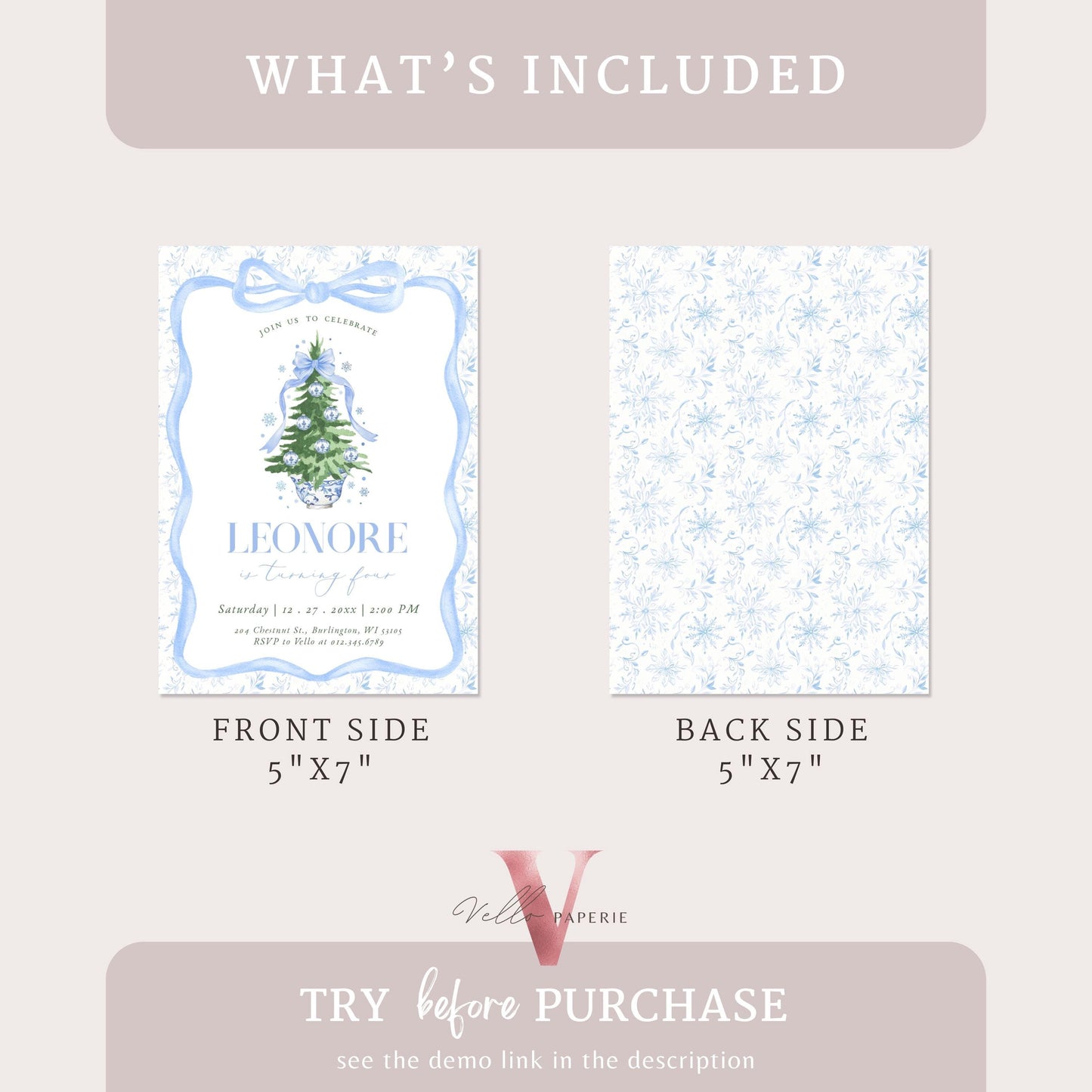 Editable Chinoiserie Christmas Birthday Invitation | Blue Christmas Tree Party Invite | Winter Bow Frame Blue Toile de Juoy Christmas CHP01