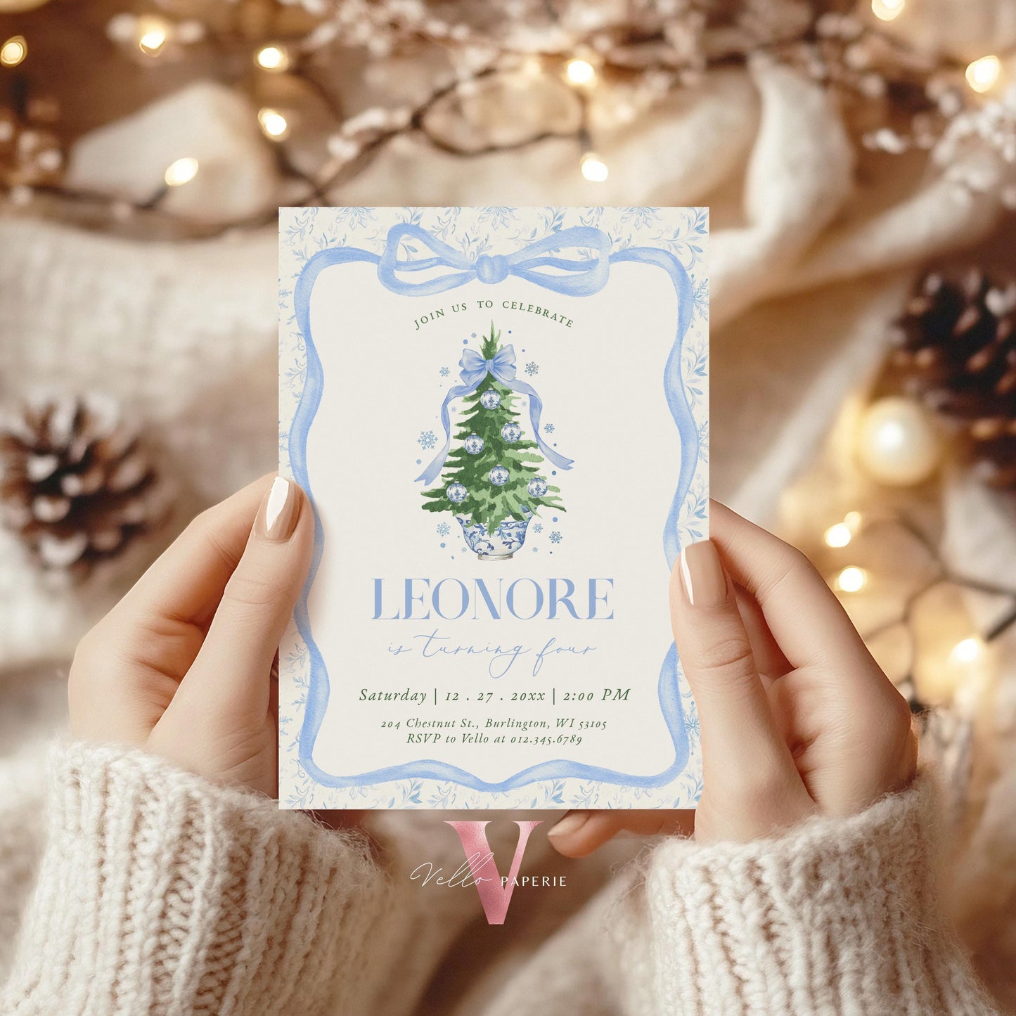 Editable Chinoiserie Christmas Birthday Invitation | Blue Christmas Tree Party Invite | Winter Bow Frame Blue Toile de Juoy Christmas CHP01