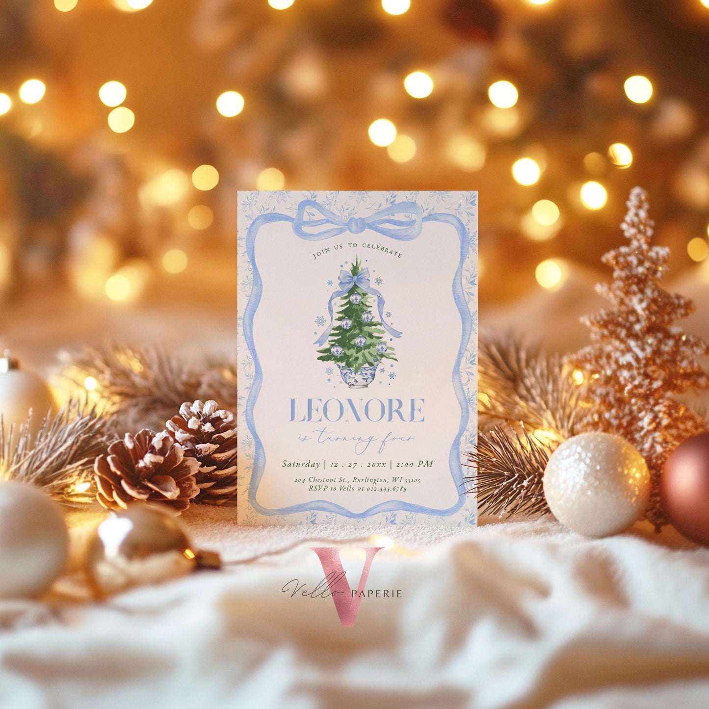 Editable Chinoiserie Christmas Birthday Invitation | Blue Christmas Tree Party Invite | Winter Bow Frame Blue Toile de Juoy Christmas CHP01