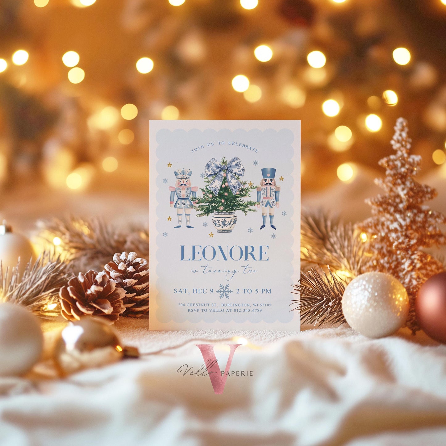 Editable Chinoiserie Christmas Birthday Invitation | Blue Christmas Tree Party Invite | Winter Bow Frame Blue Xmas Nutcracker Party CHP01
