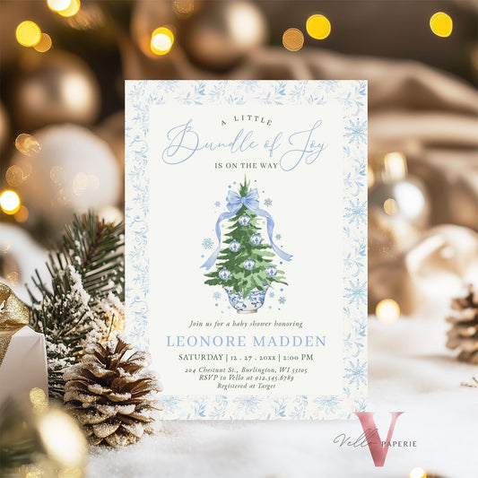 Editable Little Bundle of Joy Christmas Baby Shower Invitation | Winter Chinoiserie Christmas Baby | Blue Christmas Tree Shower Invite WBS01