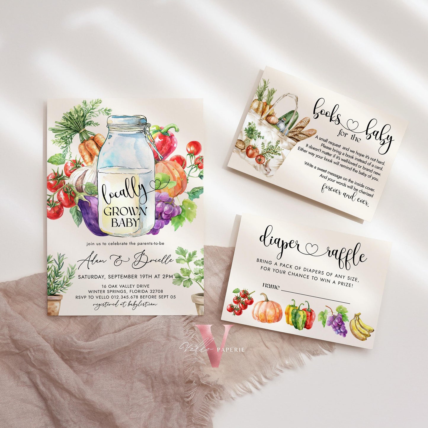 Bundle Locally Grown Baby Shower Invitation | Farmer's Market Baby Shower Invite | Organic Baby Shower Books for Baby, Diaper Raffle Instant