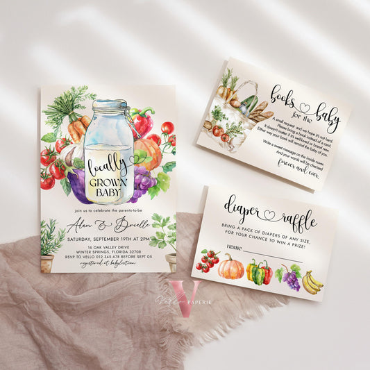Bundle Locally Grown Baby Shower Invitation | Farmer's Market Baby Shower Invite | Organic Baby Shower Books for Baby, Diaper Raffle Instant
