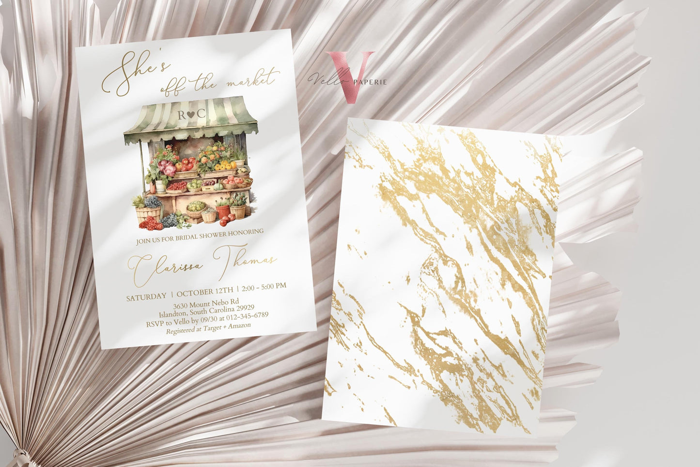 Off the Market Bridal Shower Party Invitation | She's off the Market Invite | Flower Fruit Store Watercolor Glitter Gold Instant Template