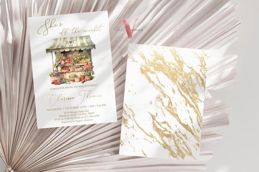 Off the Market Bridal Shower Party Invitation | She's off the Market Invite | Flower Fruit Store Watercolor Glitter Gold Instant Template