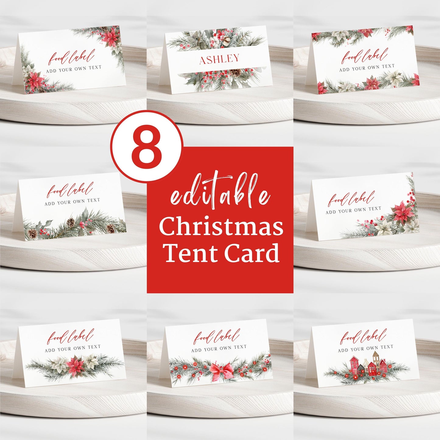 Editable Modern Christmas Floral Place Card, Food Label | Holiday Party Name, Seating Card | Watercolor Christmas Tent Card RCPF1