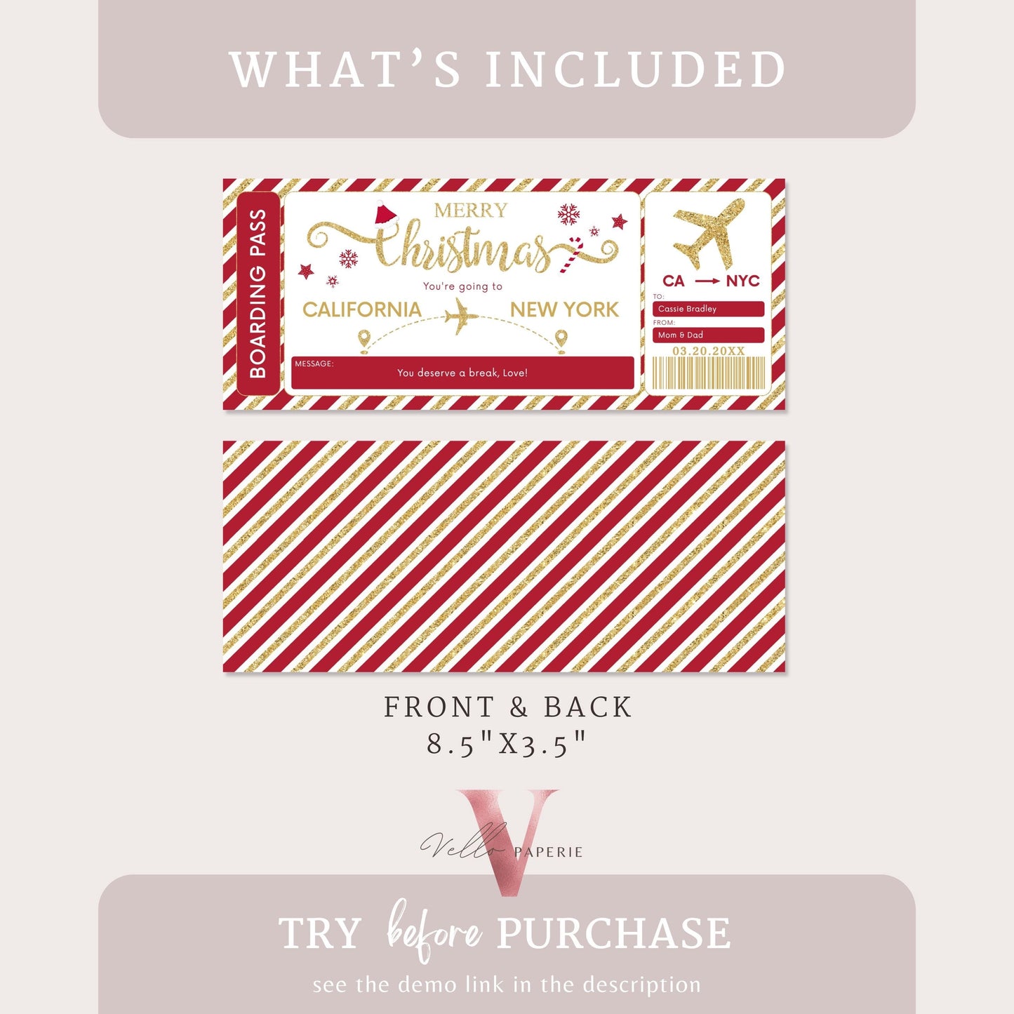 Editable Red Gold Christmas Boarding Pass | Vacation Surprise Trip Reveal Ticket | Christmas Travel Ticket | Christmas Flight Gift CBP12