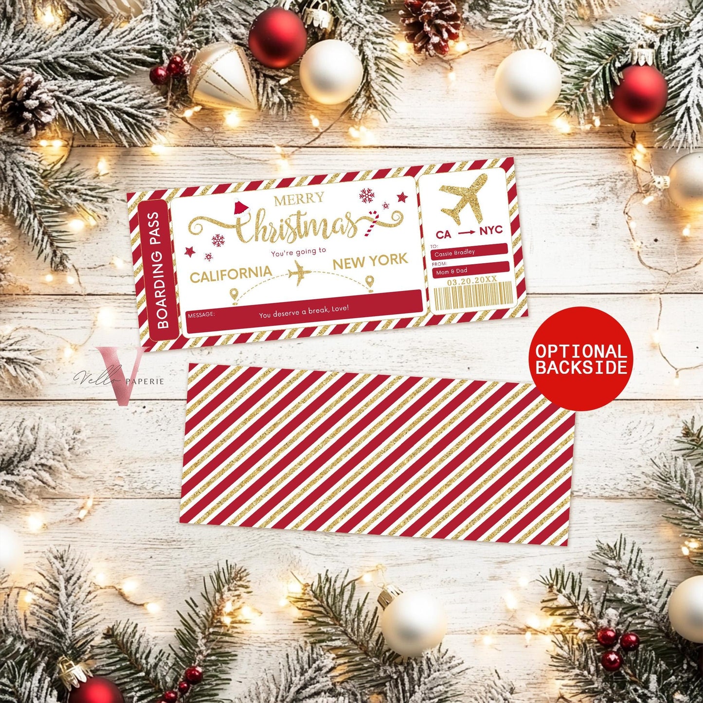Editable Red Gold Christmas Boarding Pass | Vacation Surprise Trip Reveal Ticket | Christmas Travel Ticket | Christmas Flight Gift CBP12