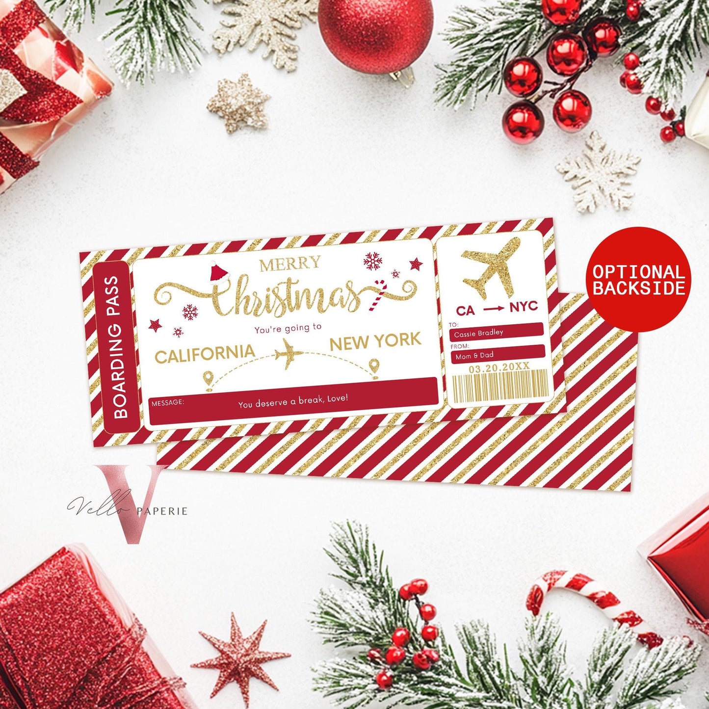 Editable Red Gold Christmas Boarding Pass | Vacation Surprise Trip Reveal Ticket | Christmas Travel Ticket | Christmas Flight Gift CBP12