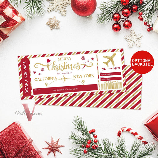 Editable Red Gold Christmas Boarding Pass | Vacation Surprise Trip Reveal Ticket | Christmas Travel Ticket | Christmas Flight Gift CBP12