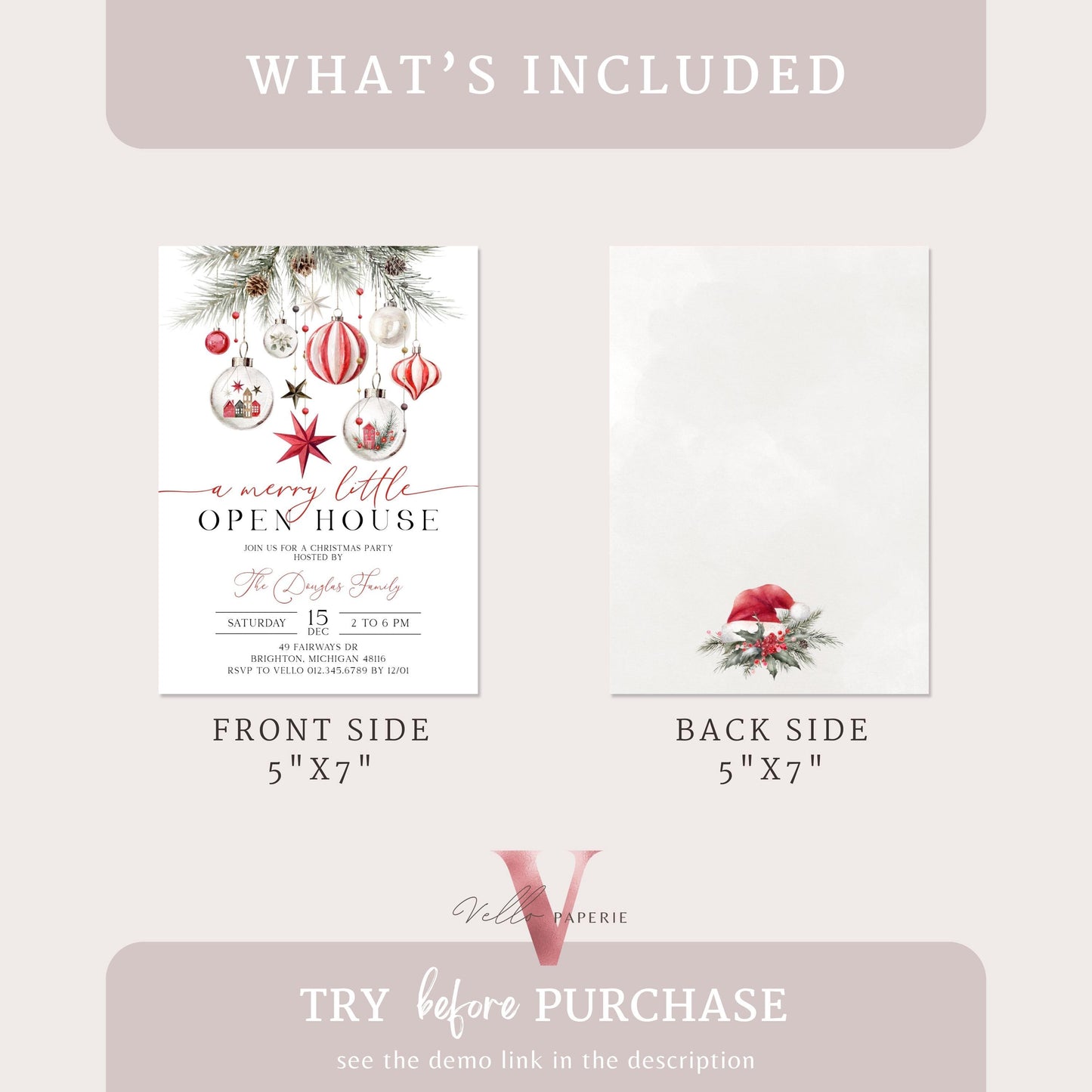 Merry Little Open House Invitation | Neutral Christmas Party Invite | Modern Red Silver Friendsmas Party Invite Christmas Decor CHP01