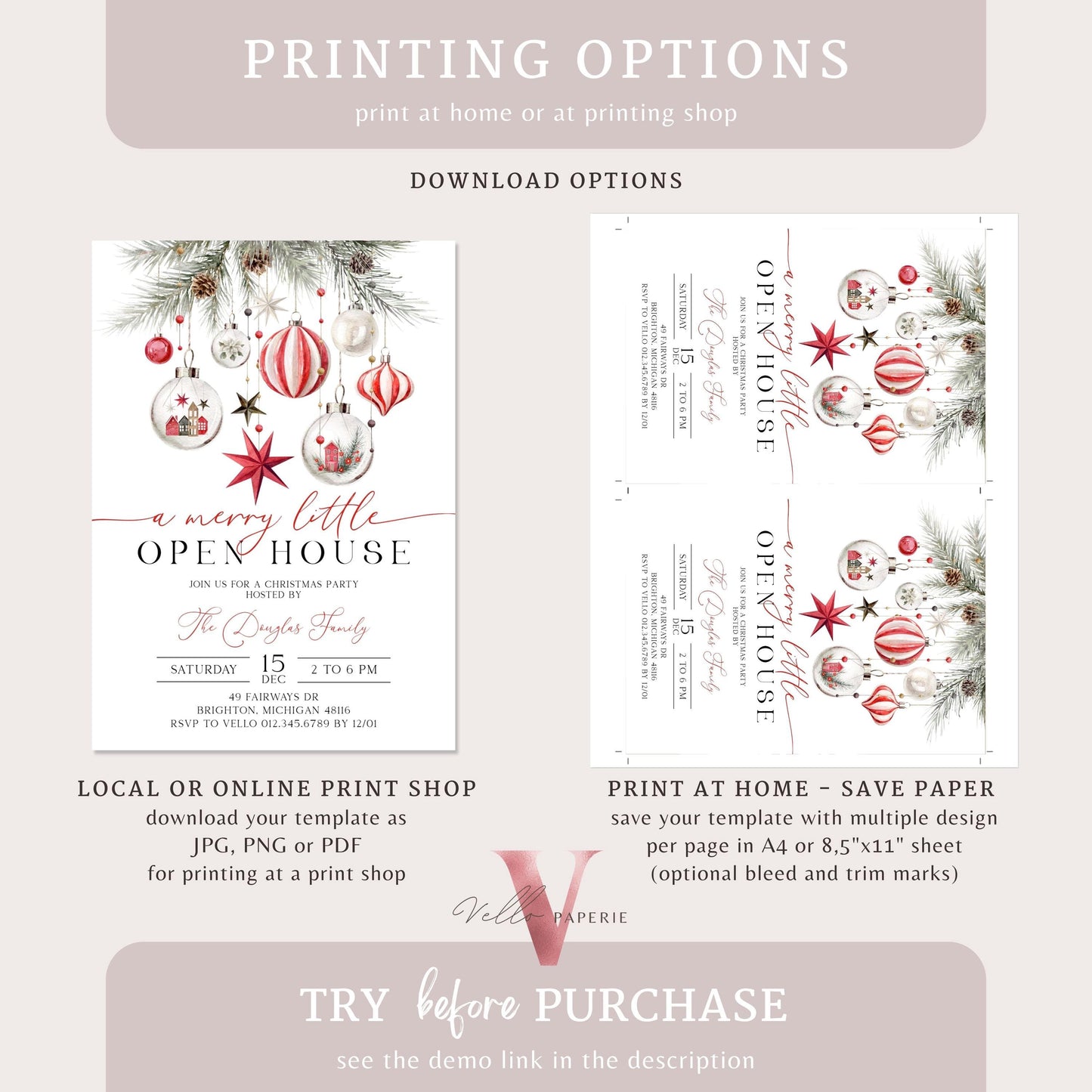 Merry Little Open House Invitation | Neutral Christmas Party Invite | Modern Red Silver Friendsmas Party Invite Christmas Decor CHP01