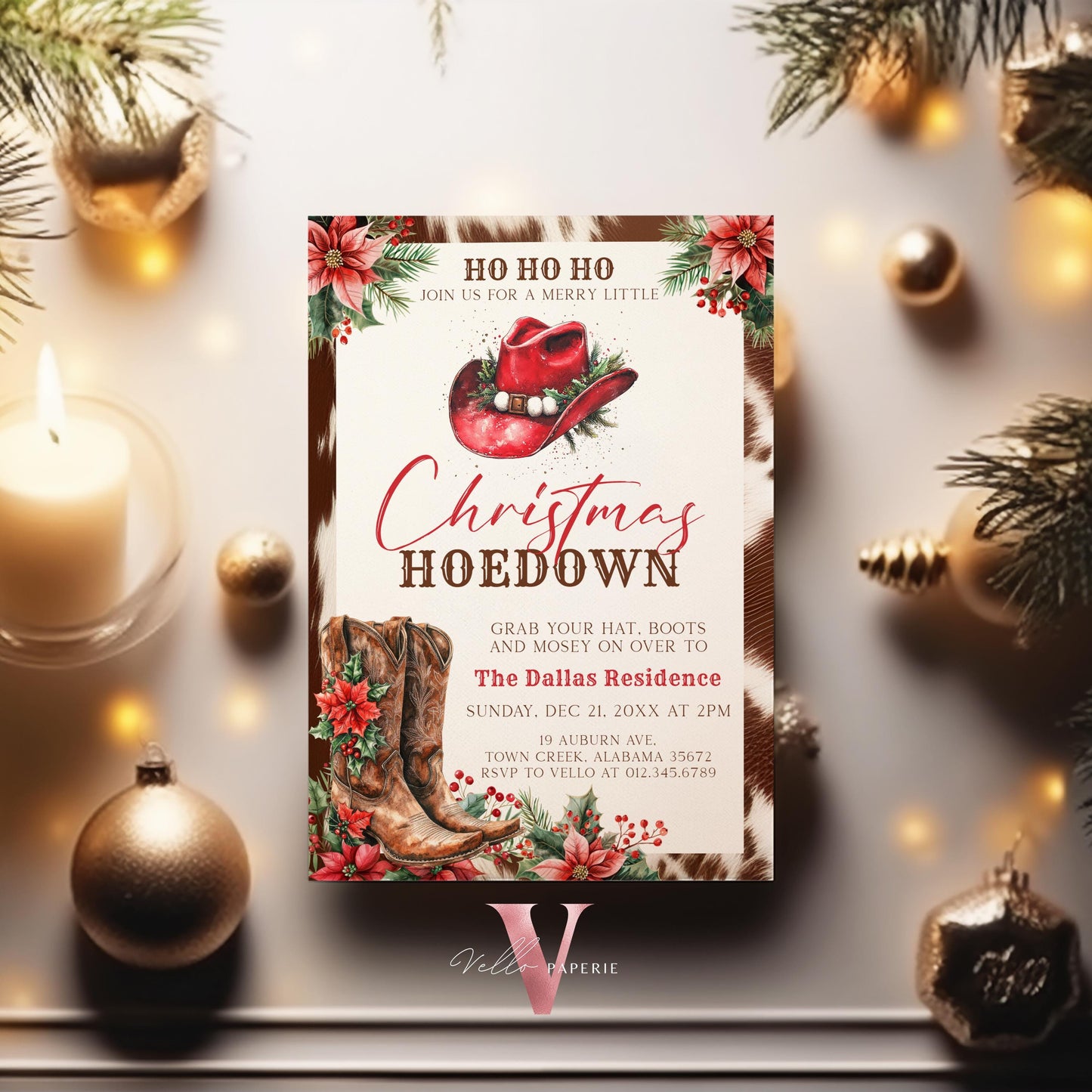 Editable Western Christmas Hoedown Party Invitation | Merry Little Open House Cowboy Holiday Party Invite | Rustic Boots Friendsmas WCH01