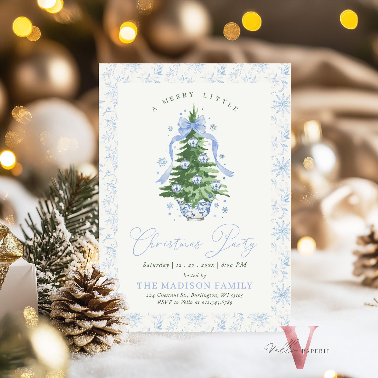 Editable Chinoiserie Christmas Party Invitation | Blue Christmas Tree Party Invite | Winter Ribbon Frame, Blue Toile de Juoy Christmas CHP01