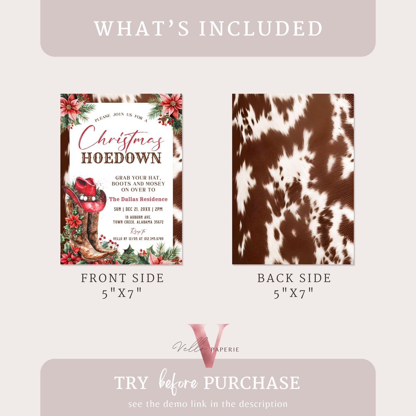 Editable Western Christmas Hoedown Party Invitation | Merry Little Open House Cowboy Holiday Party Invite | Rustic Boots Friendsmas WCH01