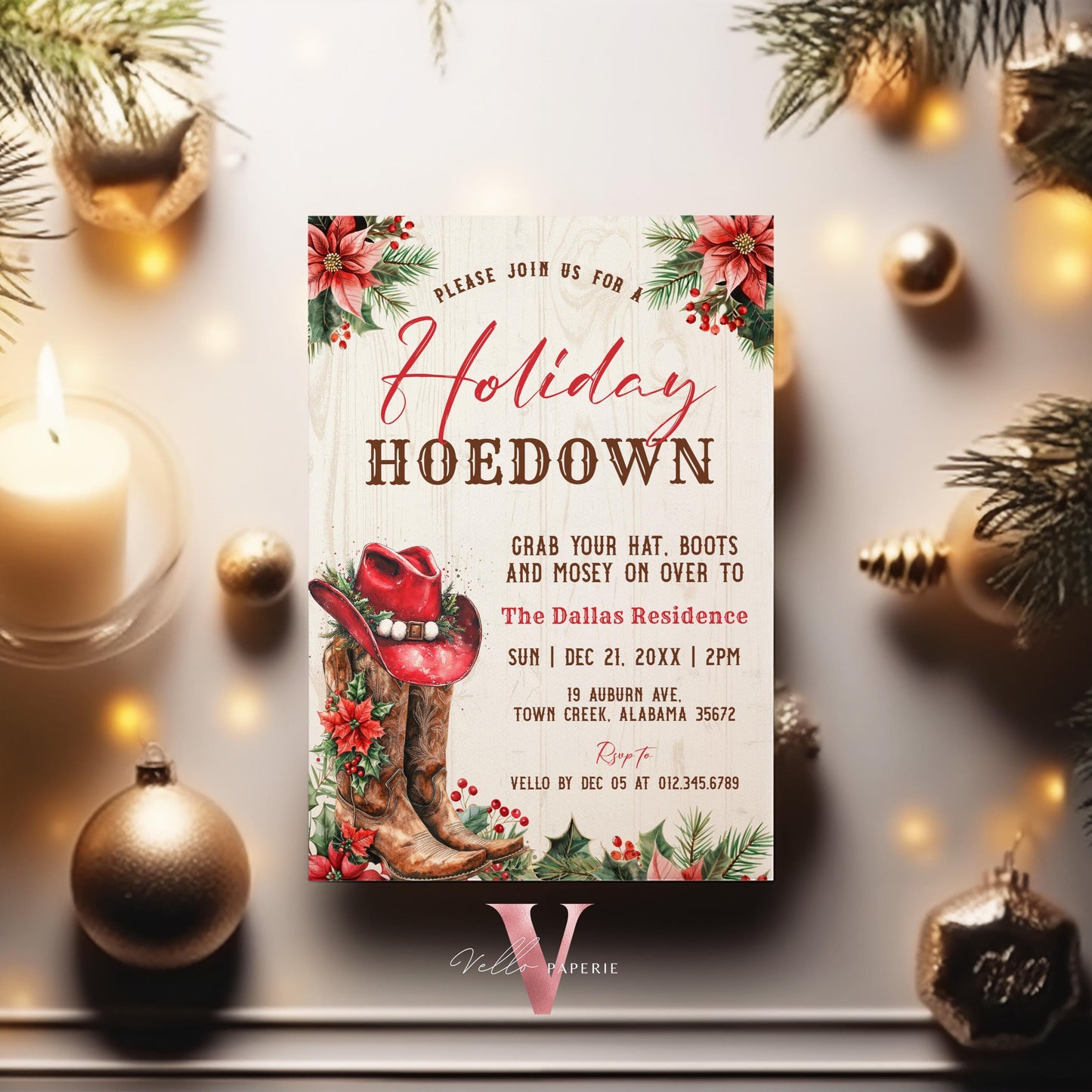 Editable Western Holiday Hoedown Party Invitation | Merry Little Open House Cowboy Christmas Party Invite | Rustic Boots Friendsmas WCH01
