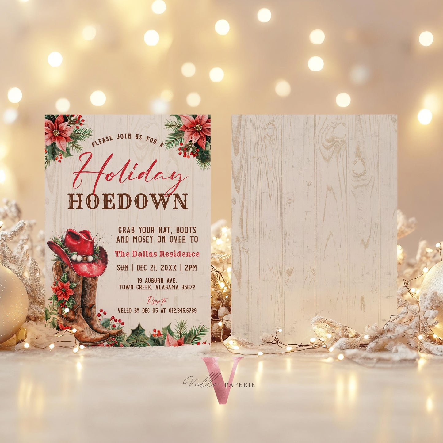 Editable Western Holiday Hoedown Party Invitation | Merry Little Open House Cowboy Christmas Party Invite | Rustic Boots Friendsmas WCH01