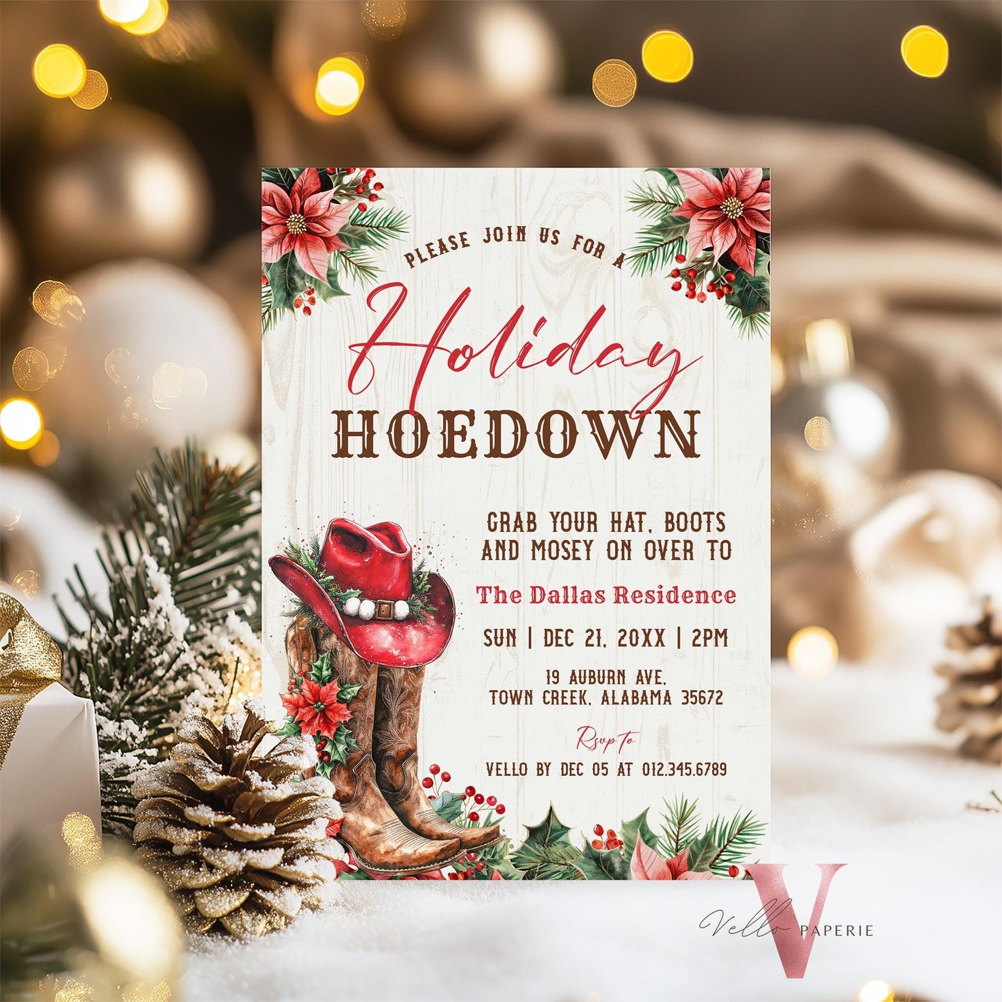 Editable Western Holiday Hoedown Party Invitation | Merry Little Open House Cowboy Christmas Party Invite | Rustic Boots Friendsmas WCH01