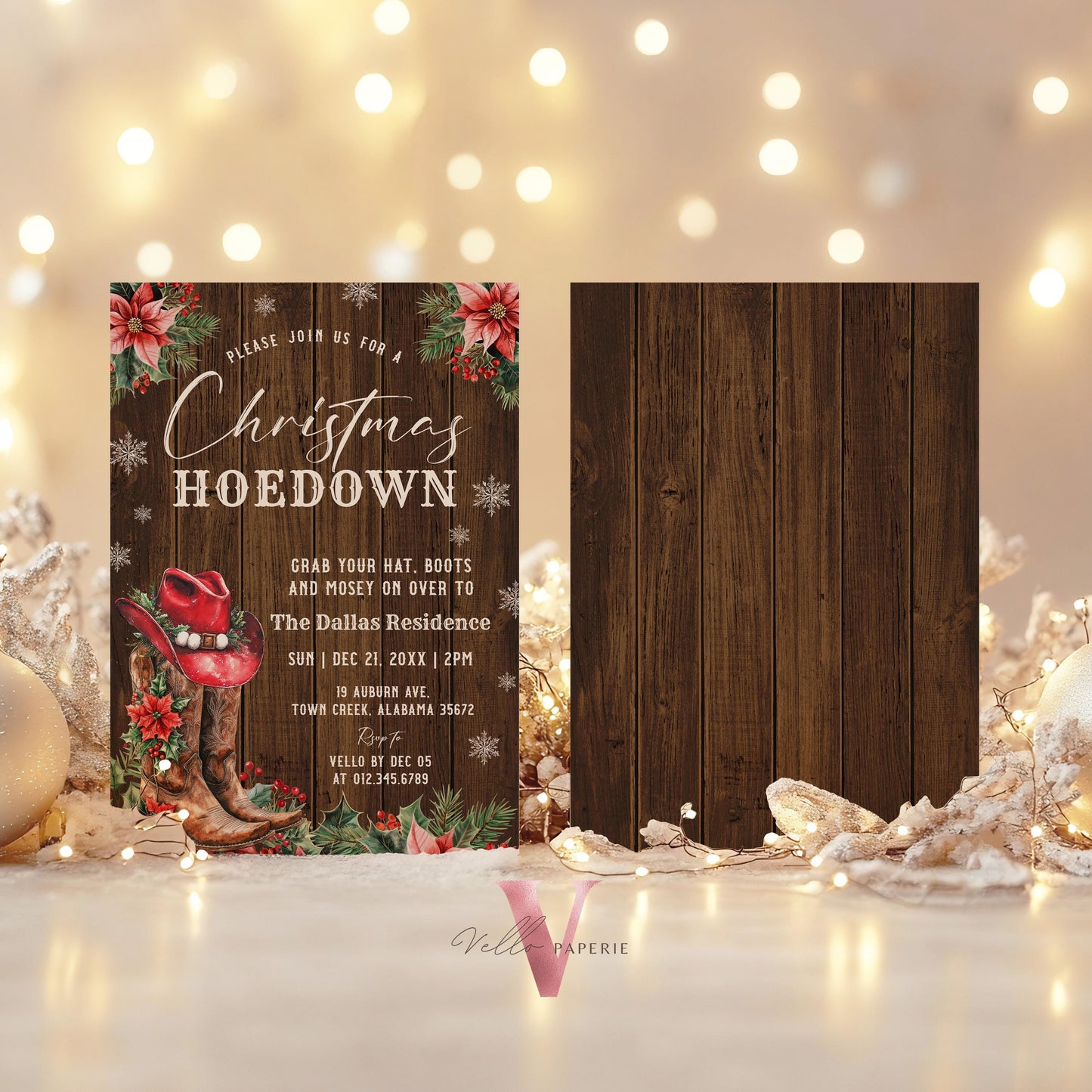 Editable Western Christmas Hoedown Party Invitation | Merry Little Open House Cowboy Holiday Party Invite | Rustic Boots Friendsmas WCH01