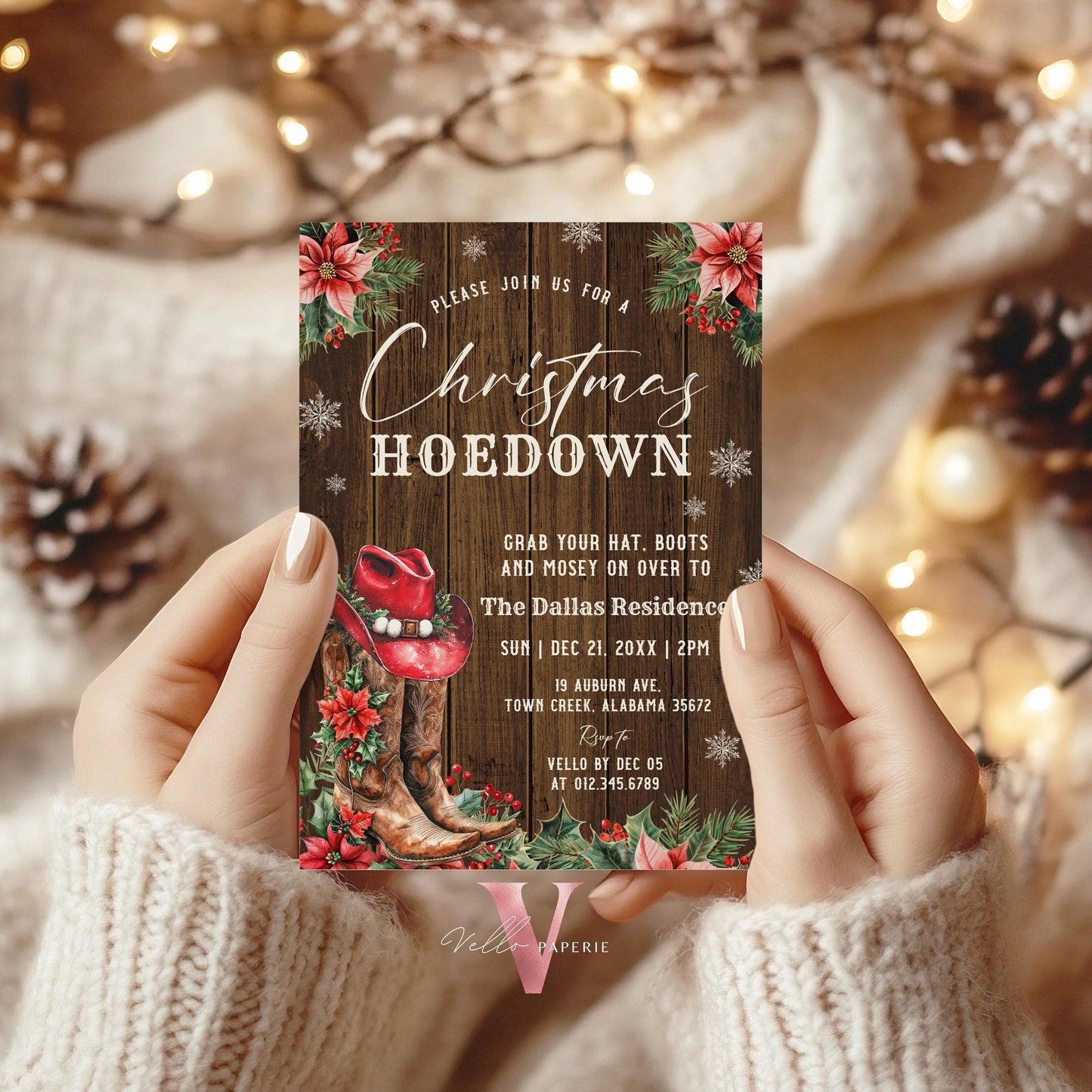 Editable Western Christmas Hoedown Party Invitation | Merry Little Open House Cowboy Holiday Party Invite | Rustic Boots Friendsmas WCH01