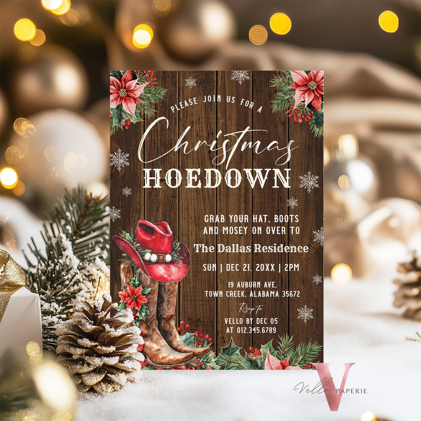 Editable Western Christmas Hoedown Party Invitation | Merry Little Open House Cowboy Holiday Party Invite | Rustic Boots Friendsmas WCH01